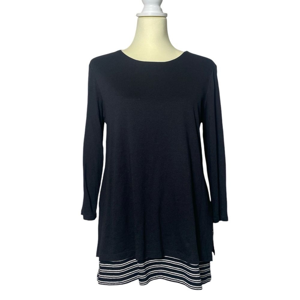 J.Jill Black Long Sleeve Striped Shirt Tail Hem Top/Tunic Women's Size Small